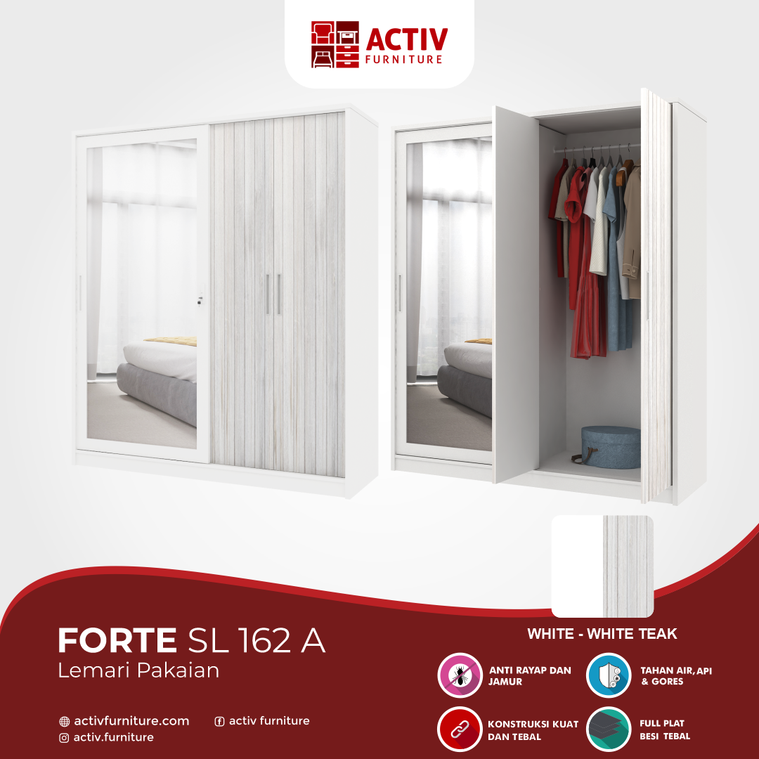 7. Forte SL 162 A_White – White Teak_Lemari Pakaian_Lemari Besi_Lemari Sliding_Lemari Swing_Ruang Kamar_Detail Warna_Activ Furniture
