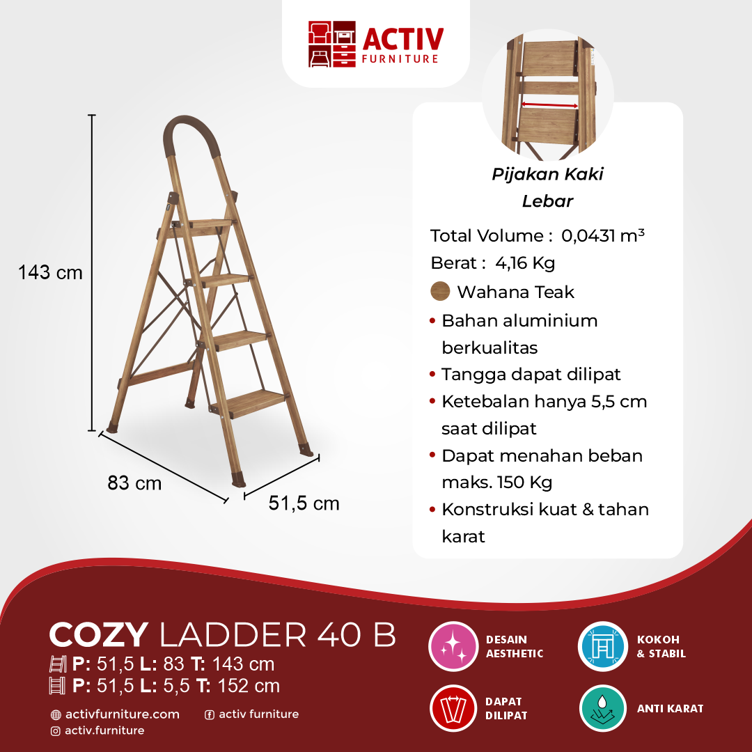 3. Cozy LADDER 40 B_Wahana Teak_Tangga_Tangga 4 Step_Ladder_Ruang Keluarga_Ruang Gudang_Halaman Rumah_Activ Furniture