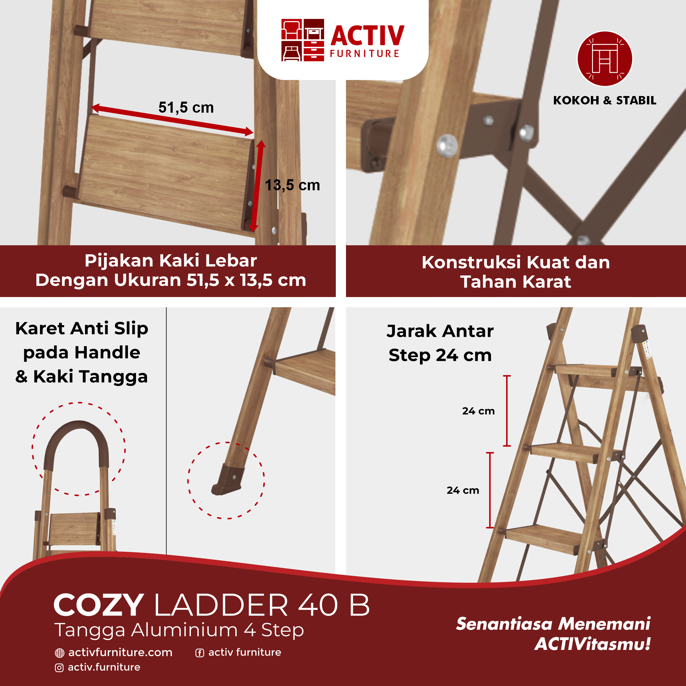 4. Cozy LADDER 40 B_Wahana Teak_Tangga_Tangga 4 Step_Ladder_Ruang Keluarga_Ruang Gudang_Halaman Rumah_Activ Furniture REV