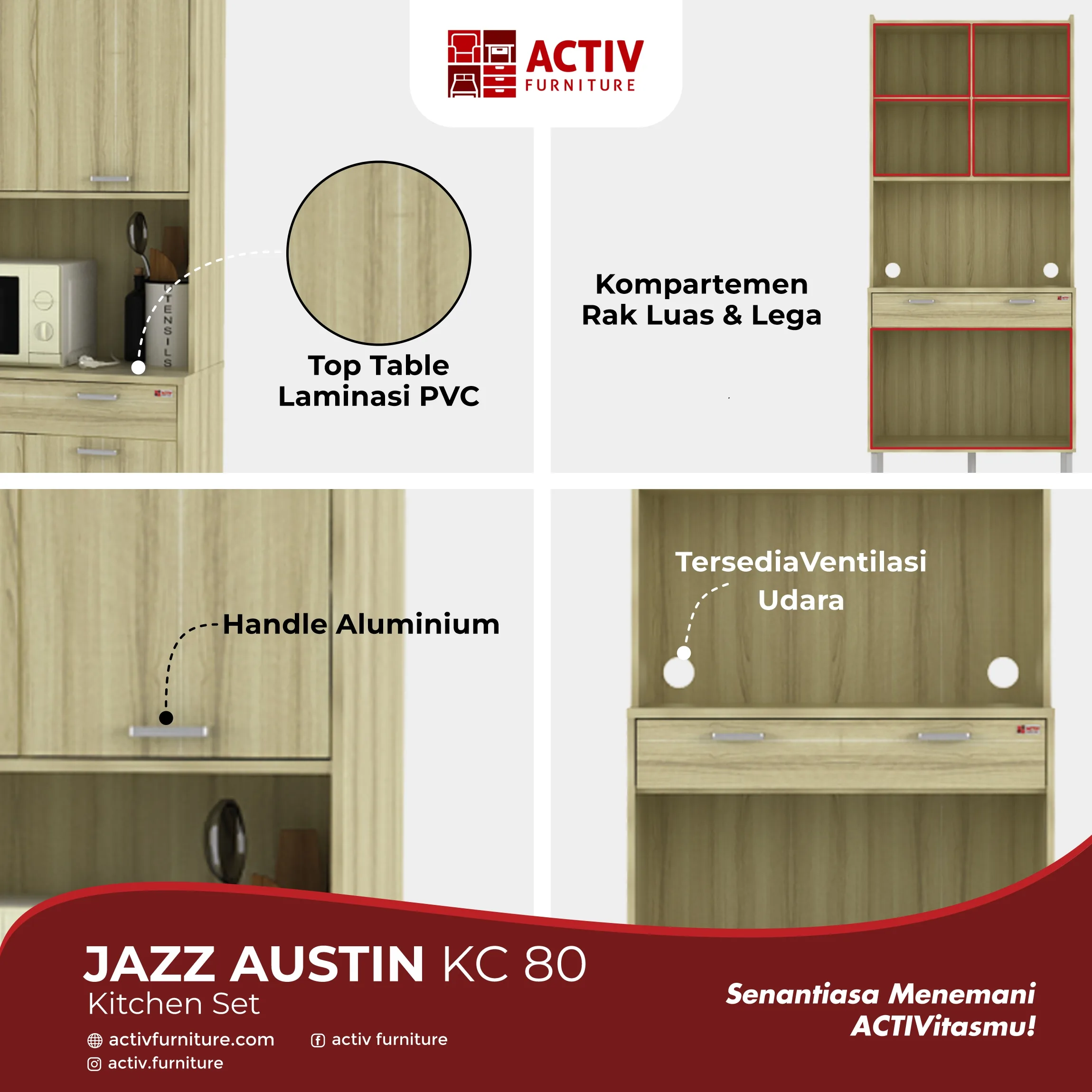 Jazz Austin KC 80_Amber Oak_Copywriting Produk Website_Kitchen Set_Rak Dapur_Rak Piring_Lemari Dapur