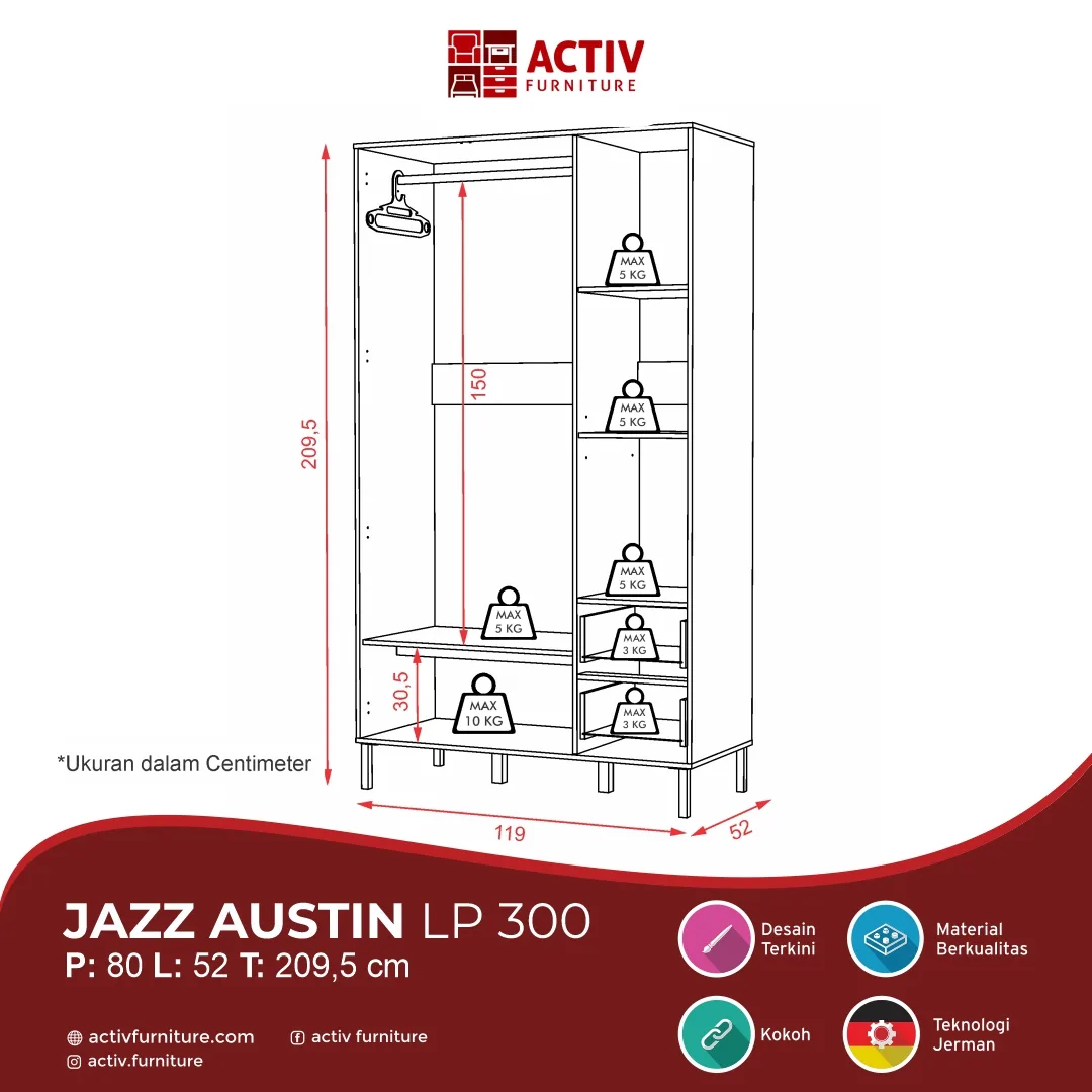 Jazz Austin LP 300_Canyon Oak White_Line Drawing Produk Website_Lemari Pakaian